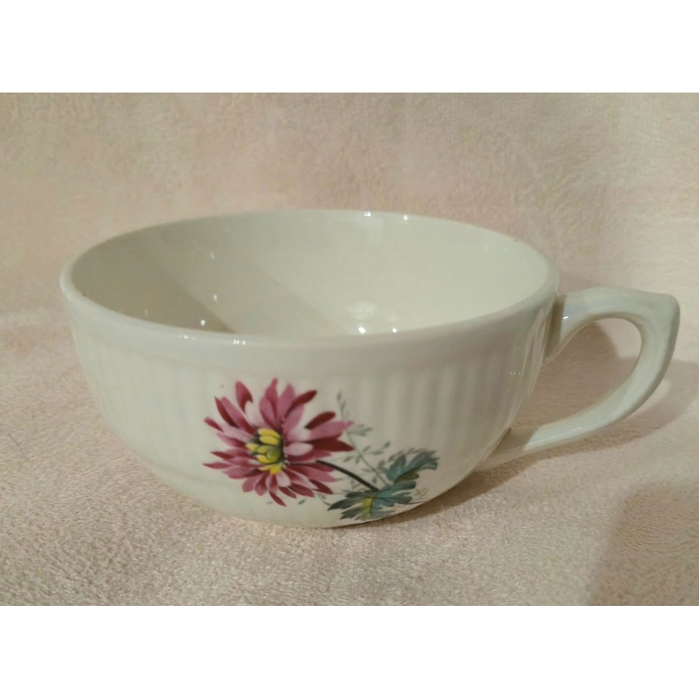 Vintage Ceramic Floral Teacup Pink Dahlia Ribbed Texture White 8oz